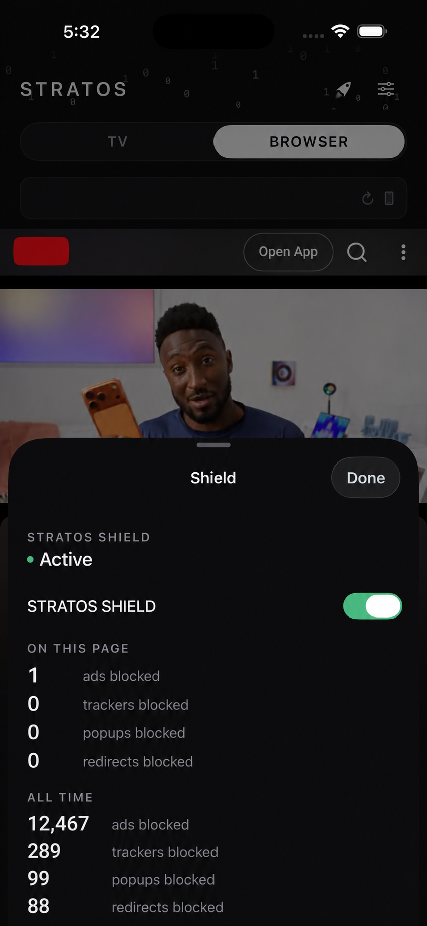 STRATOS browser showing the Shield tracker and ad blocker panel